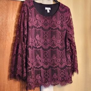 Charter Club XXL burgandy lace bell sleeve lined top blouse